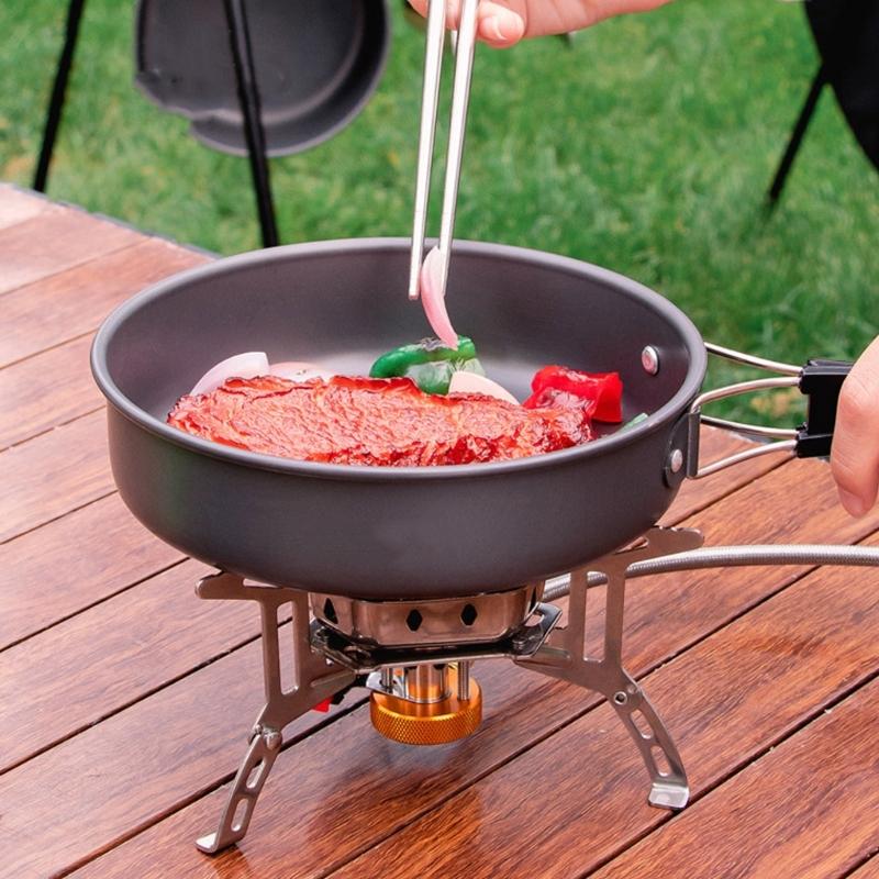 Outdoor Cooking Gas Stove with Remote Hose Link, Steel Body and Folding Pot Burners for Camp Meals and Boiling Water