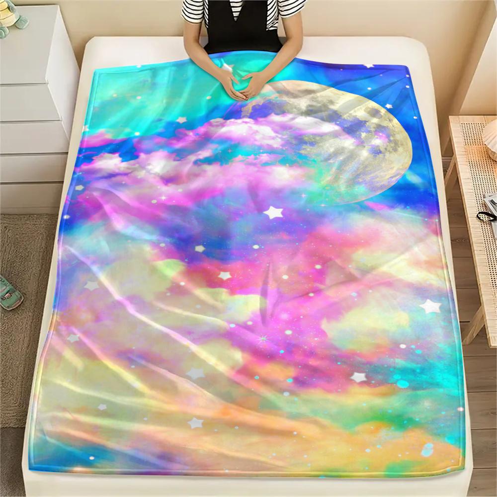 1Pc Galaxy Moon Print Flannel Blanket, High quality Comfortable for All Seasons, Home Decor, Warmth and Comfort, Perfect for Gifts