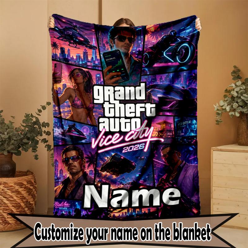 Custom Name Personalized Grand Theft Auto VI Print Blanket, Home Decor, Bedroom, Sofa, Camping, Couch, Gifts for Birthday Christmas