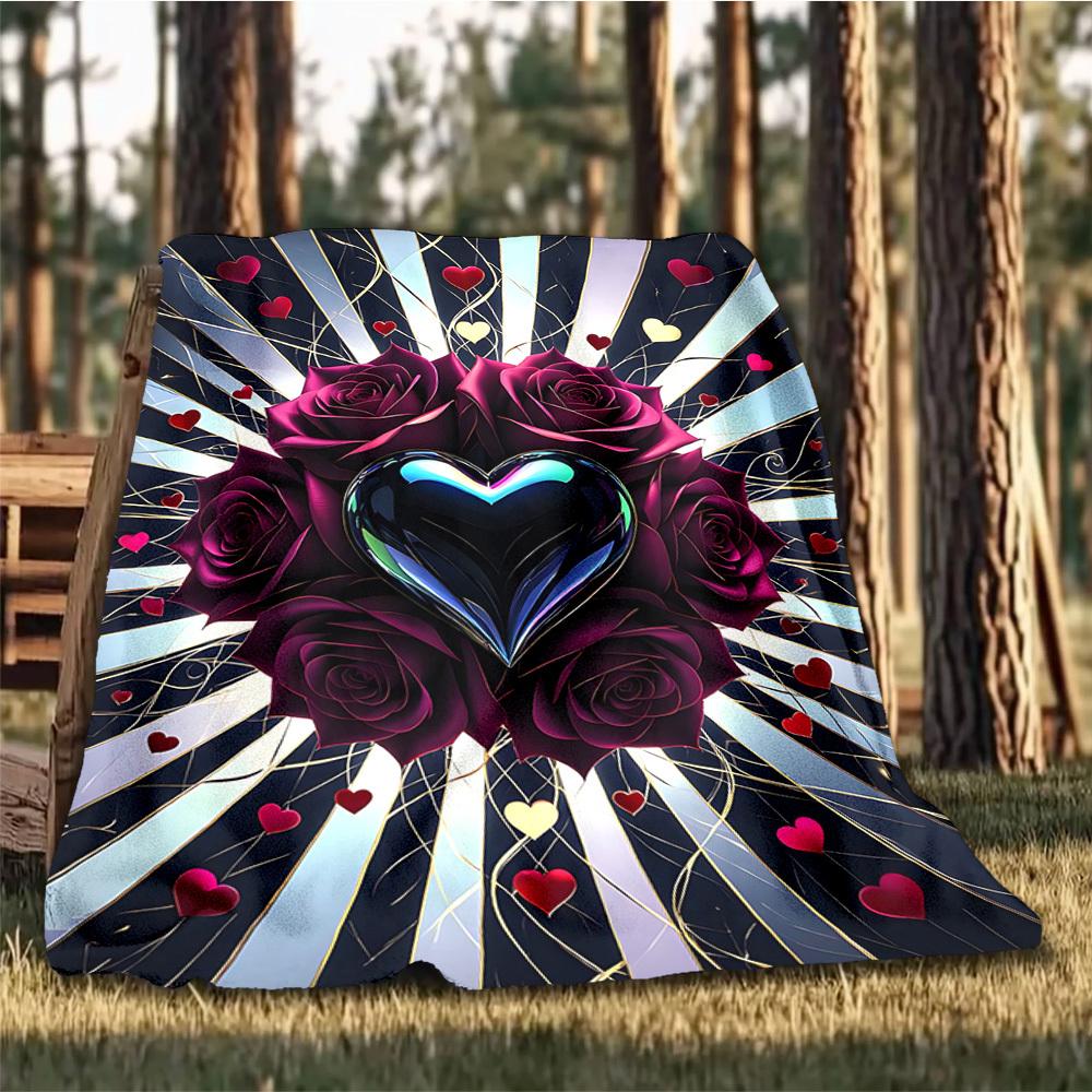 1pc Heart Roses Decorative Print Outdoor Flannel Blanket , Machine Washable Perfect Gift for Birthday , Holiday Travel Accessory , Durable Material