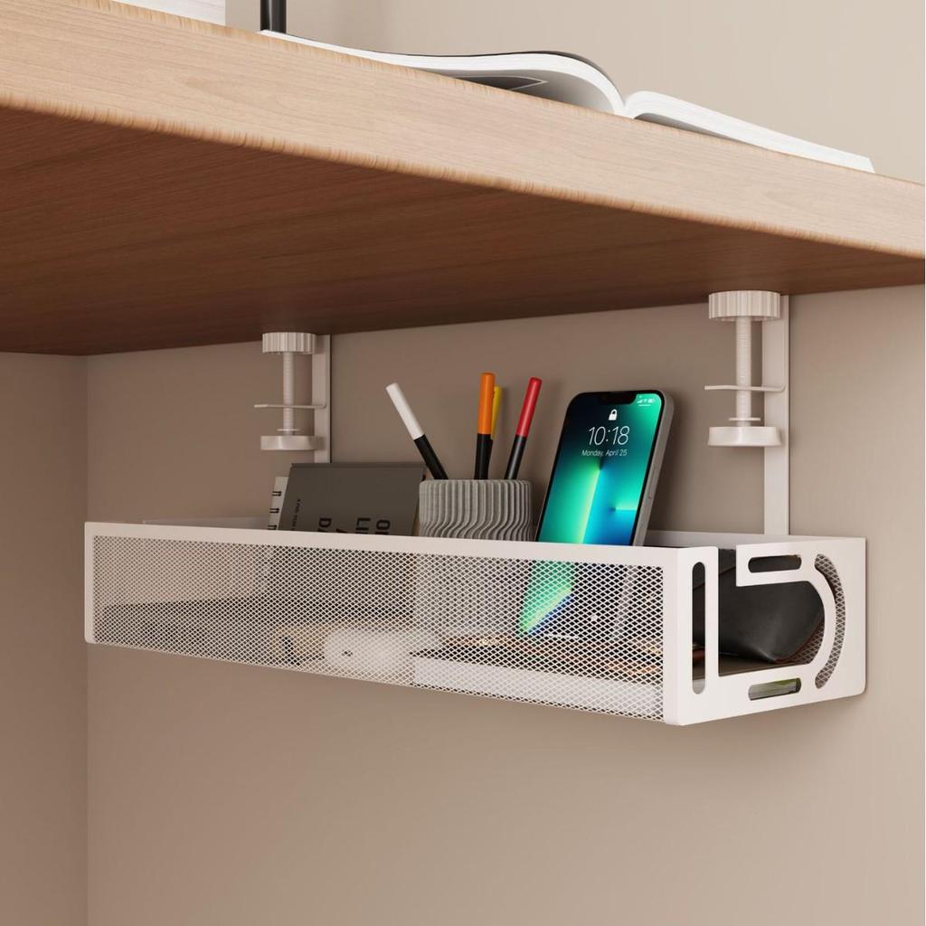 Punch-Free Retractable Under-Desk Cable Management Shelf and Storage Rack