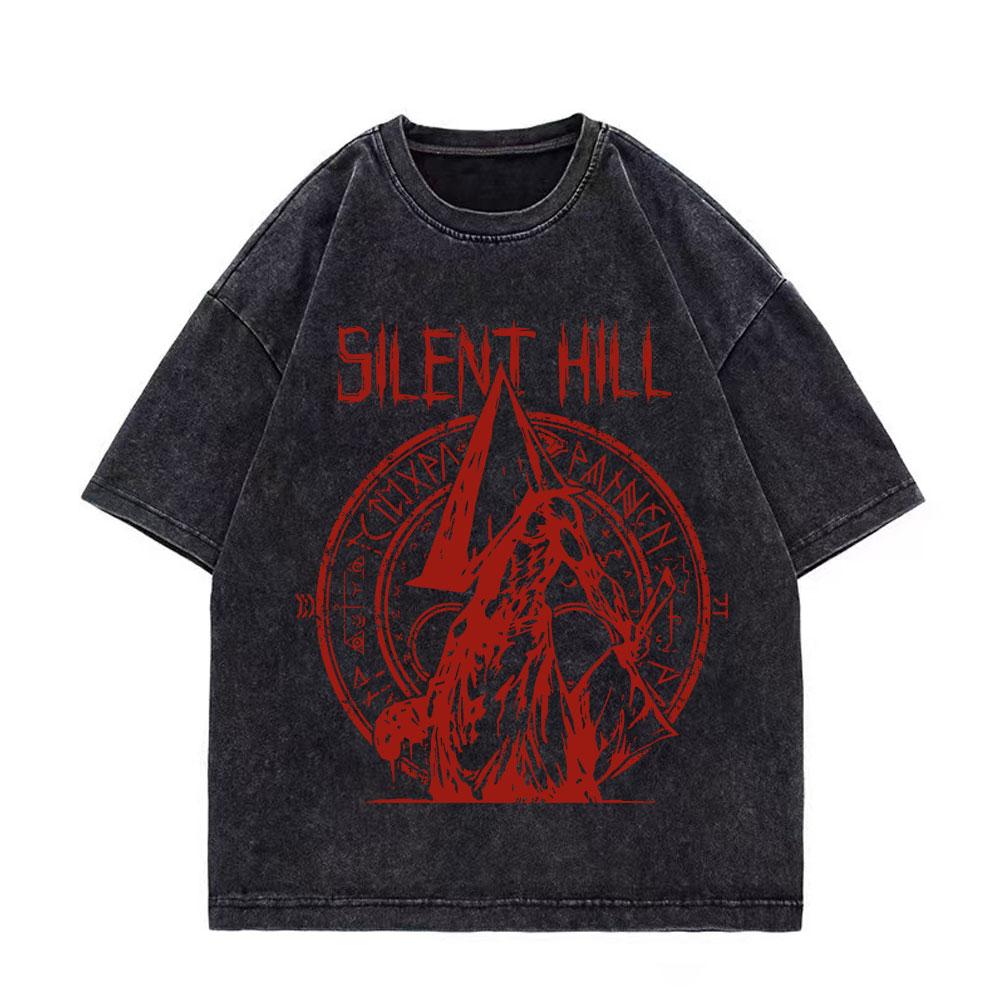 Game Silent Hill Vintage Washed Tshirt Men Women Gothic Fashion T Shirts High Quality Cotton Oversized Tshirts Streetwear