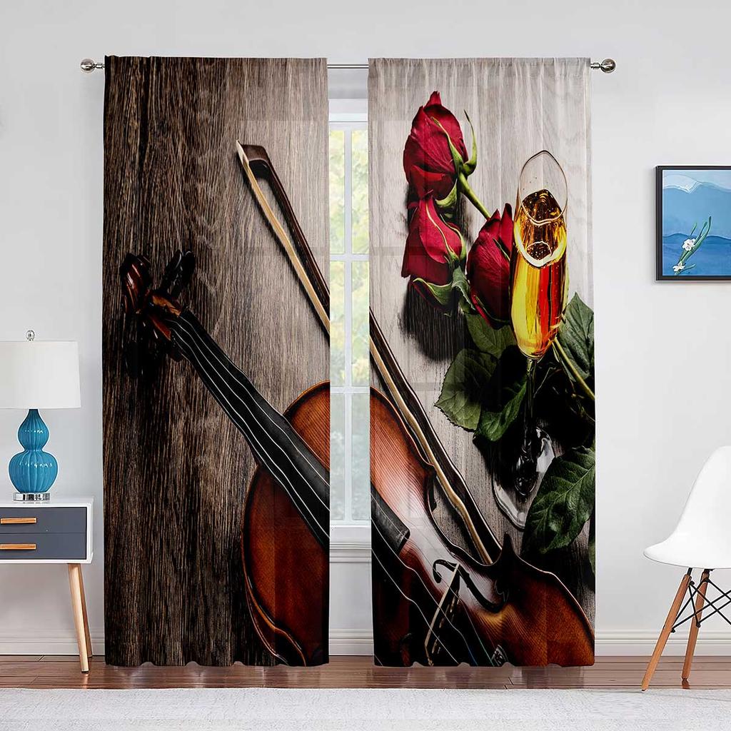 Röd Ros Blommig Kaffe Violin Skir Voile Gardin för Vardagsrum för Fönsterpersienner Sovrum Draperi Kök Hall Tyllgardiner