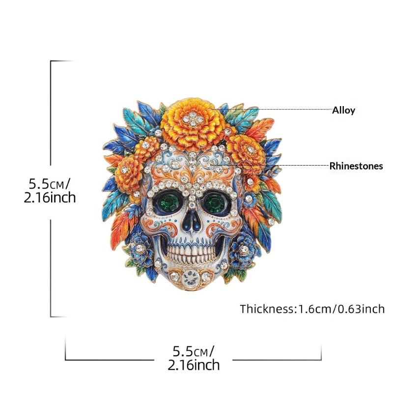 Flowers Sugar Skull Brooches For Women Unisex 2-Color Rhinestone Lovely Skeleton Face Party Casual Brooch Pins Gifts