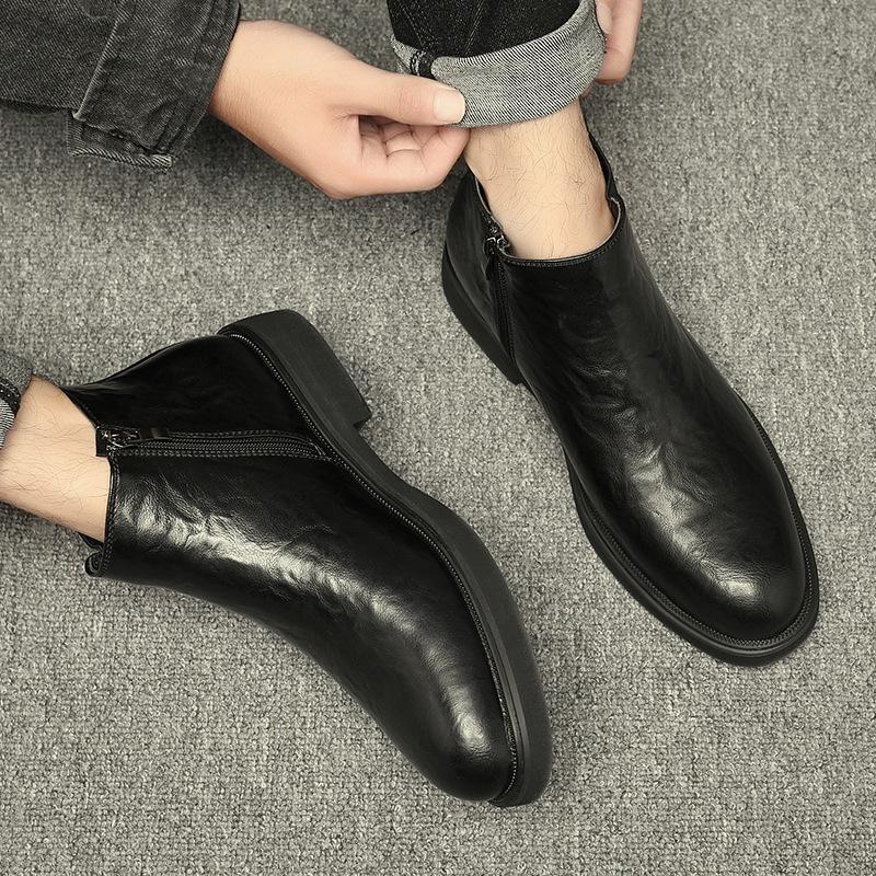 Medium Top Leather Shoes Chelsea Boots Men's Spring Leather Side Zipper British Trend Leather Boots High Top Tooling Martin Boots