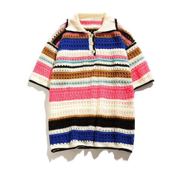 Men's Summer 2023 Retro Striped Hollow Knit Short Sleeve Polo Shirt