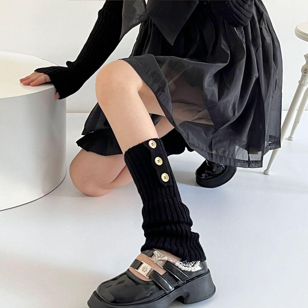 Style Buttons Stripe Lolita Wool Boots Women Leg Warmers Knitted Foot Cover Long Socks Cover