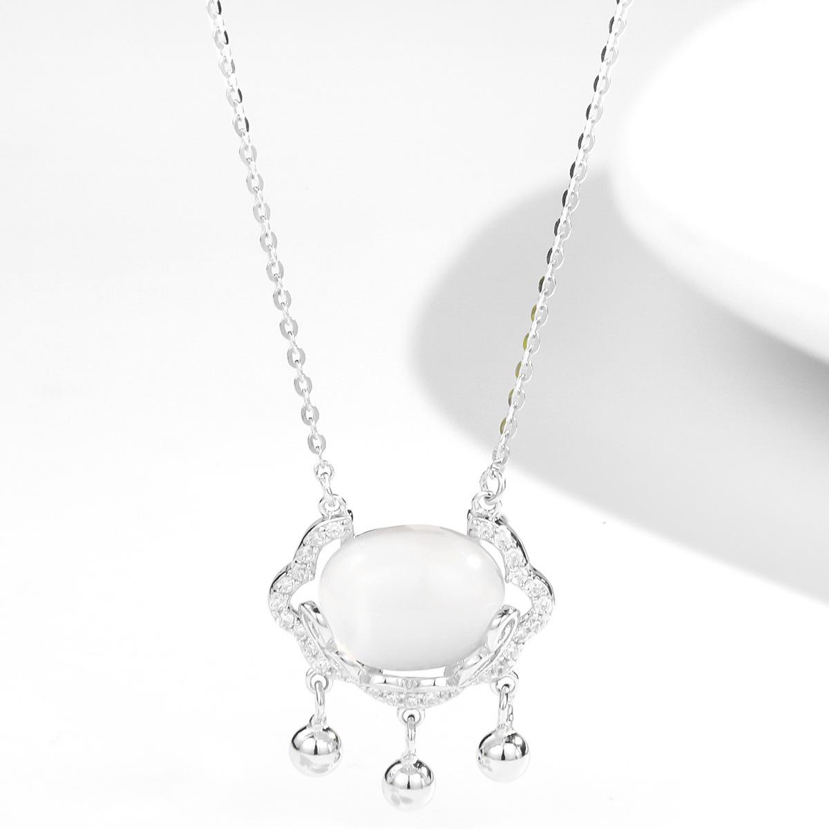

S925 Sterling Silver Women s Necklace with White Chalcedony Peace Lock & Bell Tassel