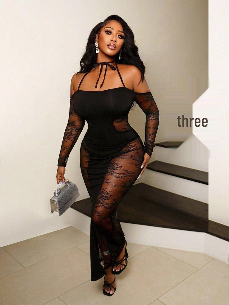 European & American Women's Sexy Halterneck Cutout Lace Bodycon Dress - Spring/Summer 2026 Collection