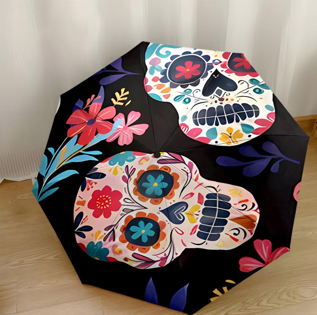 Skulls And Roses Artwork Portable Automatic Umbrella Retractable Design with 8-Rib Durability Durable Plastic & Iron Perfect for Outdoor Adventures