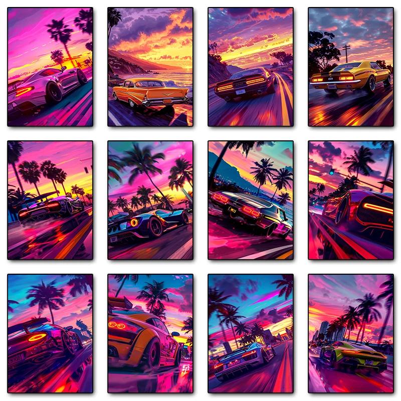Classic Cool Supersport Car Sunset Colorful Posters and Prints Canvas Printing Wall Art Picture for Living Room Home Decora Gift