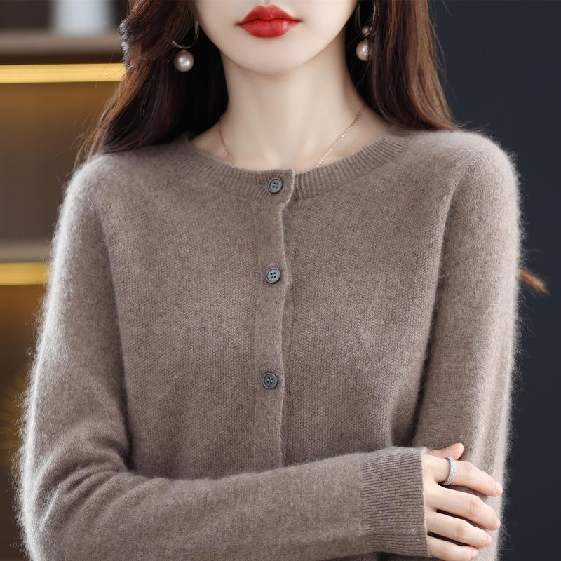2026 Autumn/Winter Women's Seamless Cashmere Crew Neck Sweater - High-end Pure Wool Knitted Cardigan