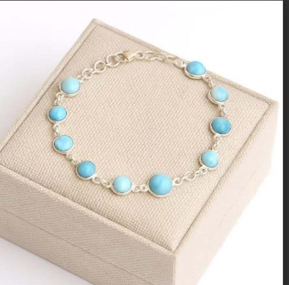 Natürlicher Larimar Runder Edelstein Handgefertigtes Tennisarmband Charm Schmuck, 925 Sterlingsilber Unisex Armband