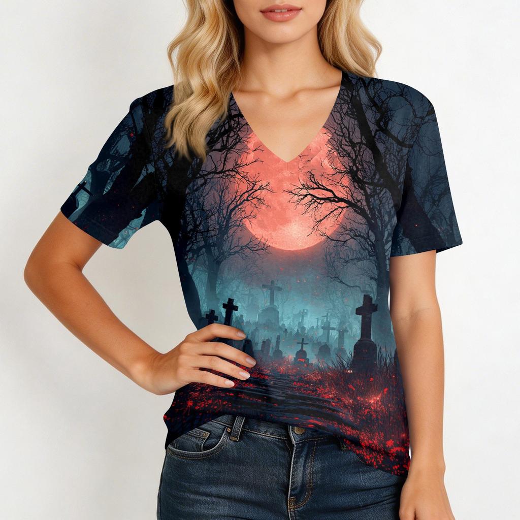 Womens Casual Short Sleeve V Neck Pullover Top Halloween Graveyard Print Lightweight Soft Fabric Tee Shirt