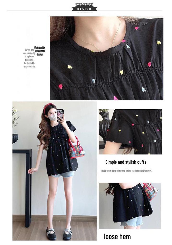 Embroidered Heart Maternity Short Sleeve Doll Shirt - Trendy, Age-Reducing, Loose Casual Summer Top for Moms