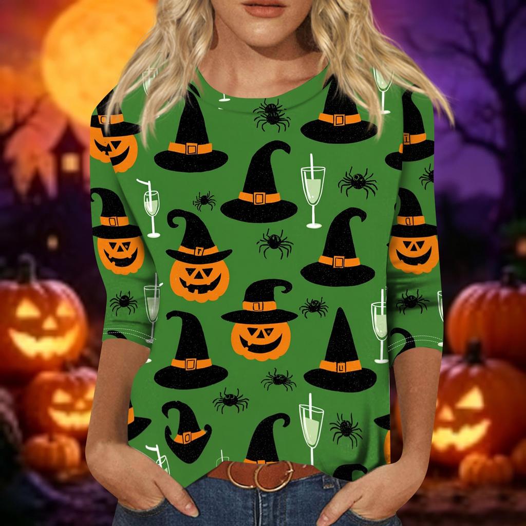 Women's Casual Halloween Print Top Three Quarter Sleeve Crew Neck Shirt Lightweight Comfortable Fit Seasonal Design