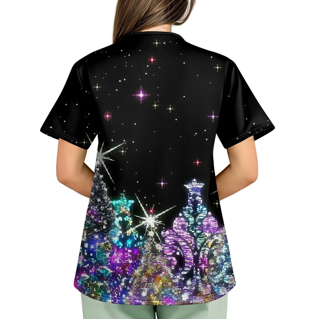 Plus SizePrinted Scrub Working Uniform Tops For Women's Cross V-Neck Print Short Sleeve Fun T-Shirts Workwear Tee With Pockets