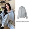 Women's Grey Mid-Length Polo Hoodie - Autumn Winter 2023 Lazy Style Trendy Outerwear