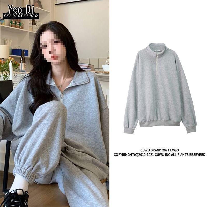 Women's Grey Mid-Length Polo Hoodie - Autumn Winter 2023 Lazy Style Trendy Outerwear