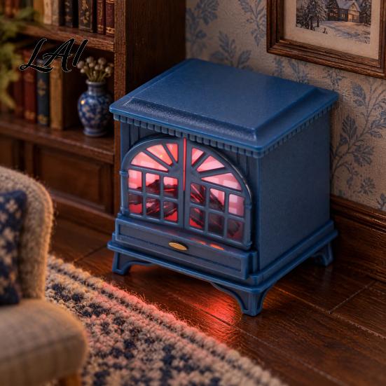 Tabletop Miniature Decor 1:12 Dollhouse Fireplace with LED Light Vintage Mini Stove Furniture Accessory 1 12 Scale Light Up Model for Doll