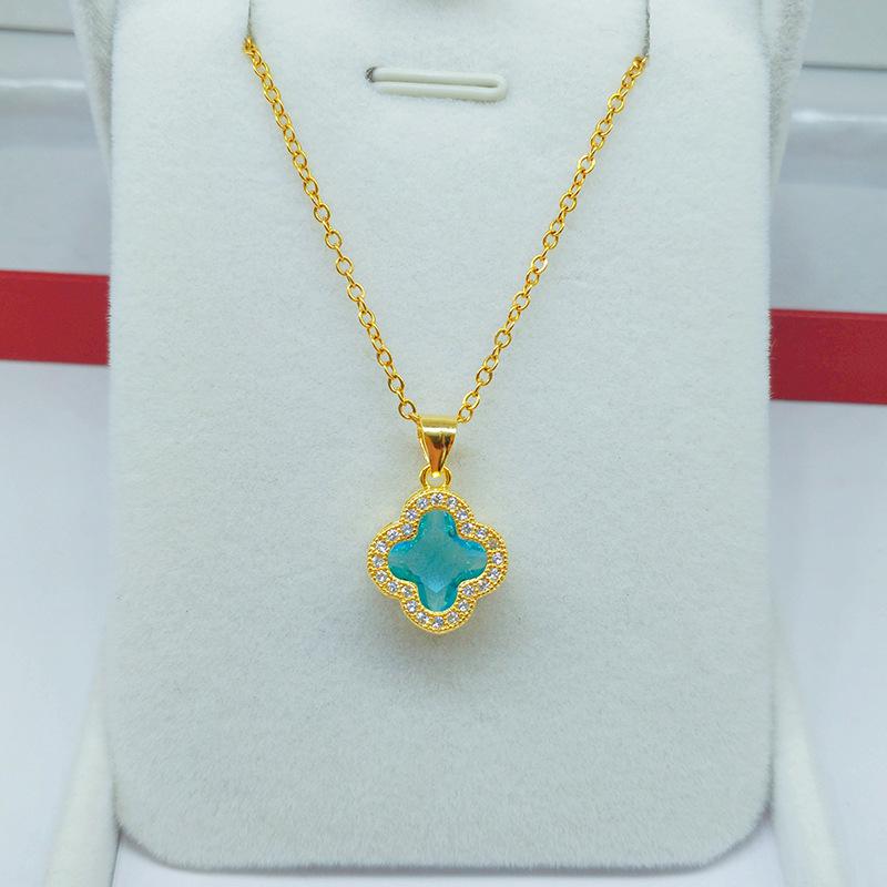 Kupfer Vergoldete Mehrfarbige Strassstein Vierblättrige Kleeblatt Halskette für Damen