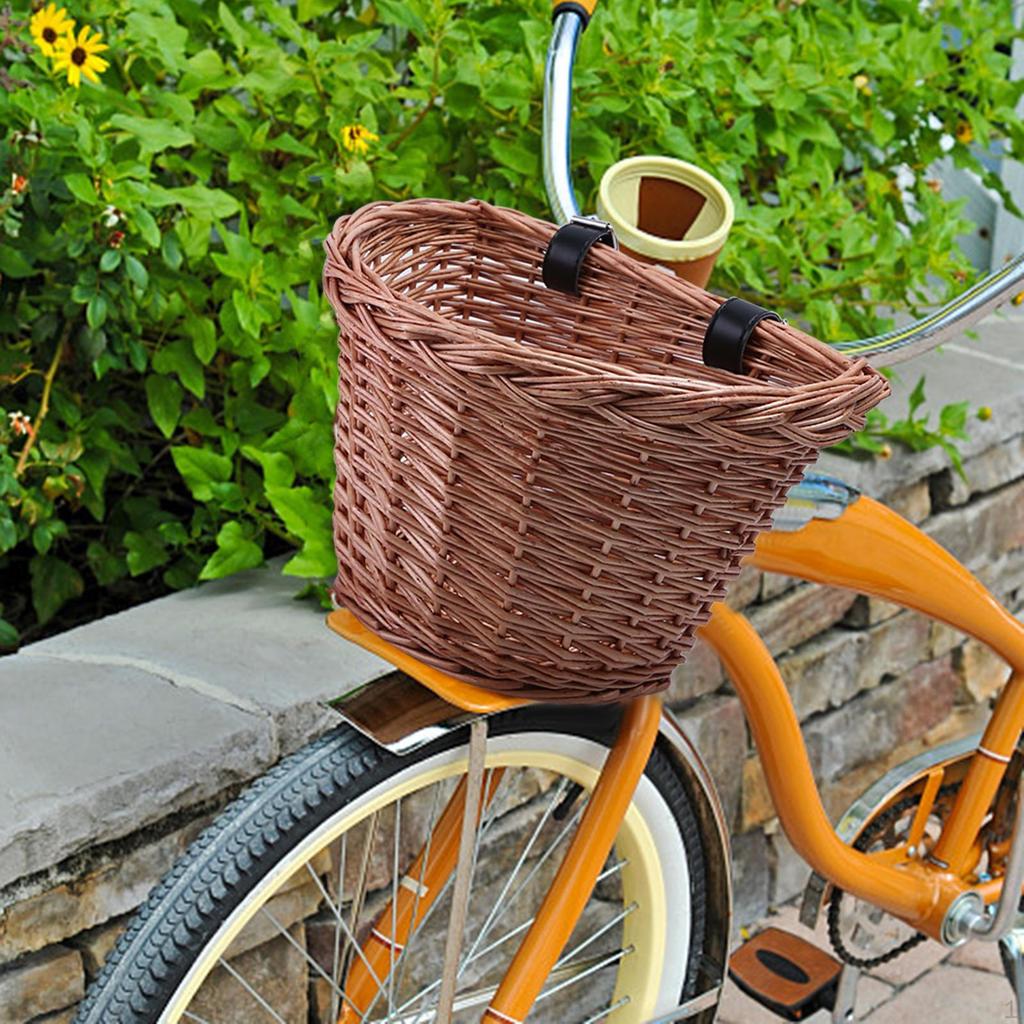 Bike Wicker Basket Bicycle Cargo Rack Bag Multi Purpose with Adjustable Straps Handlebar