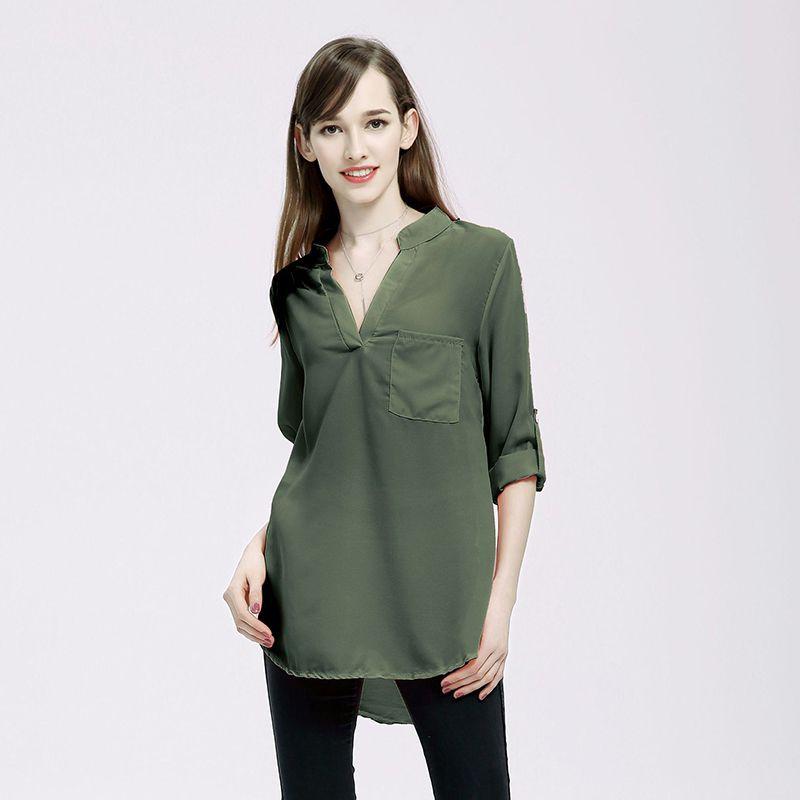 Chiffon Women Blouses Vneck Shirts Long Sleeve Loose Office Casual Spring Lady