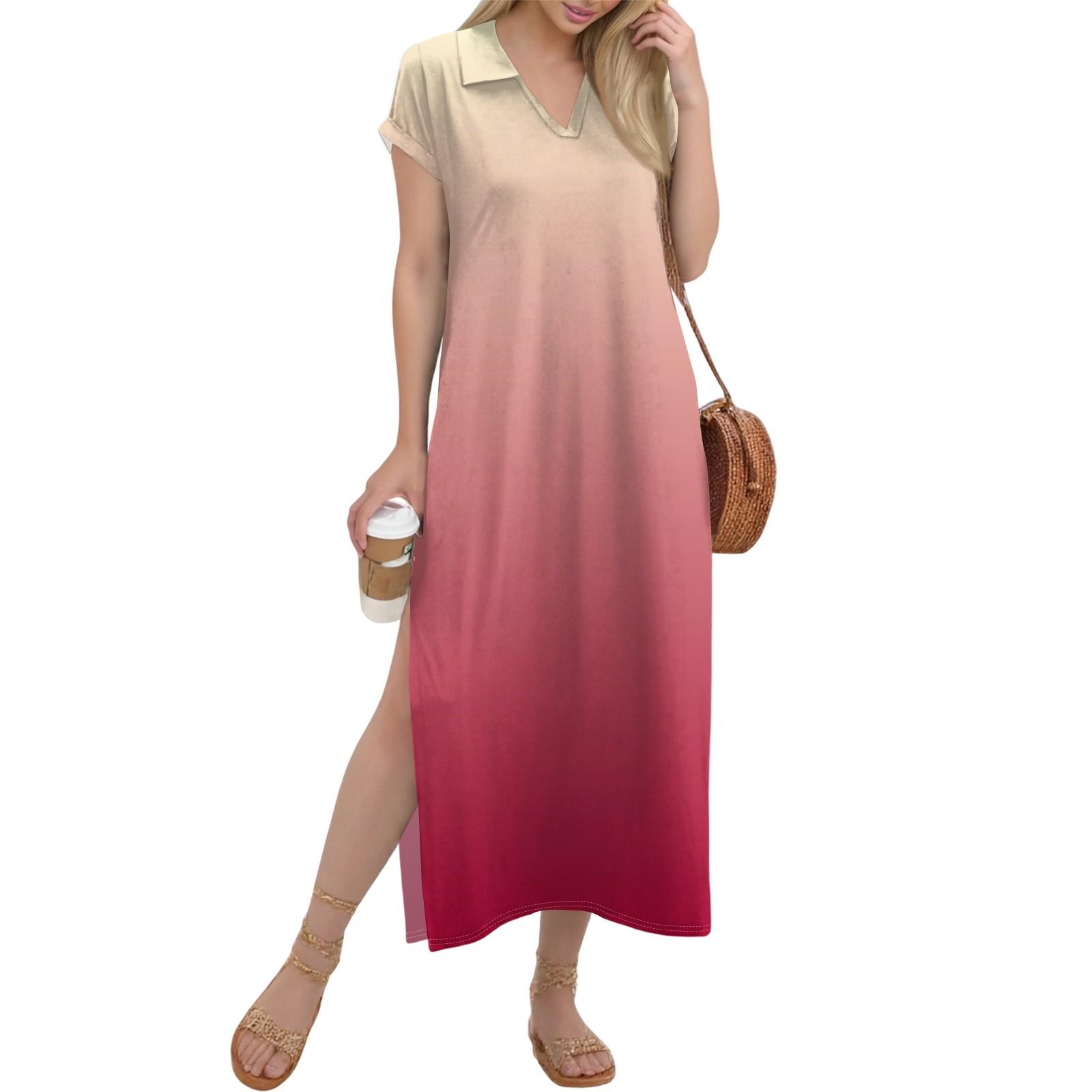 

Женское длинное платье-рубашка с V-образным вырезом, повседневное, с коротким рукавом и свободным разрезом M красный