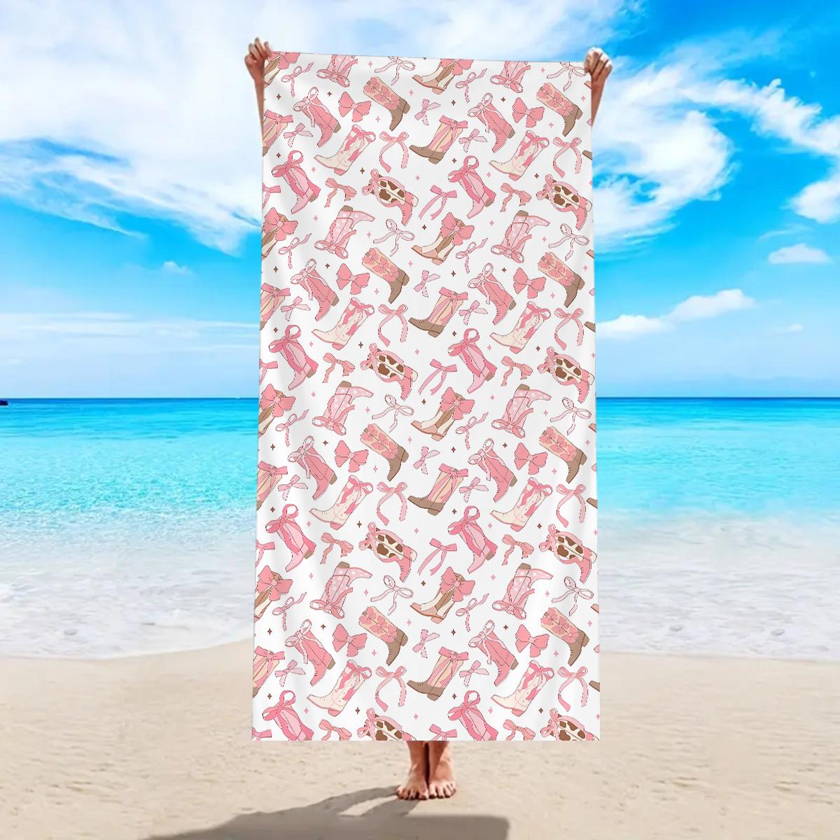 

1pc Western cowboy element beach towel, princess pink bow, denim hat print large quick drying swimming beach towel W30*H60(CM)