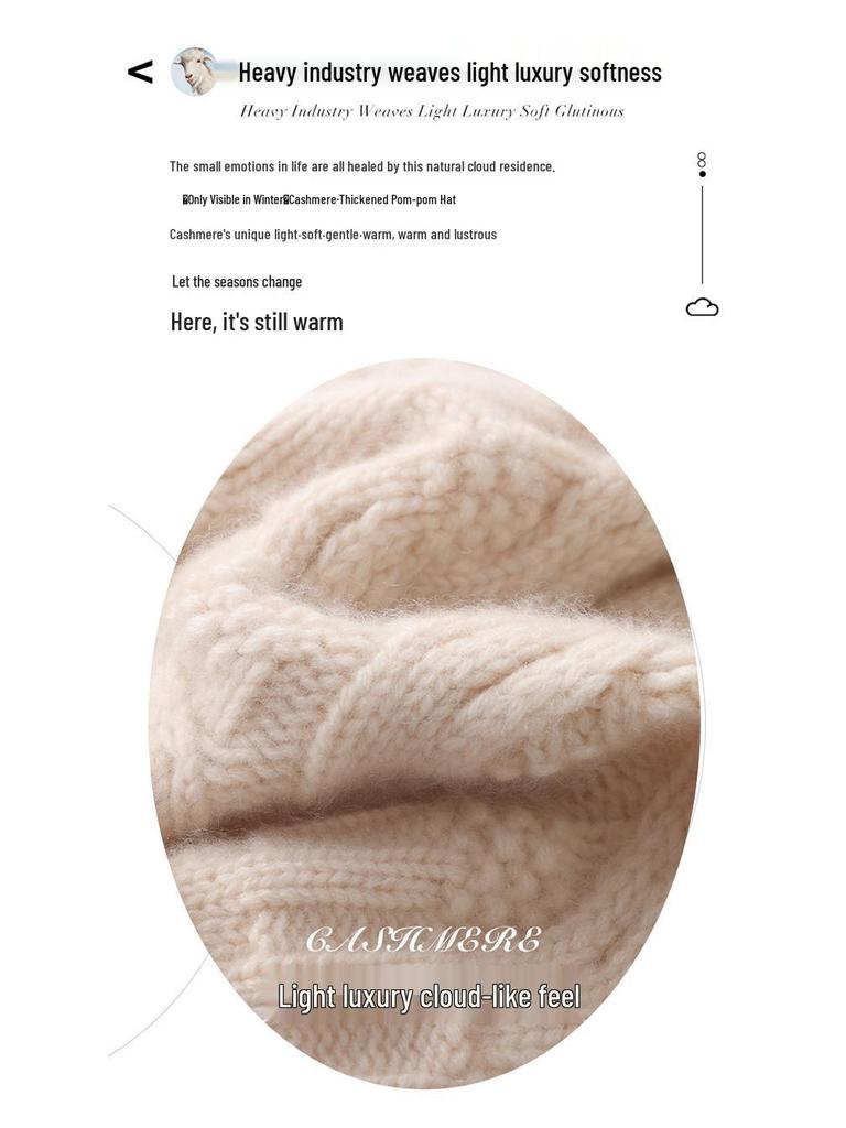 Women's Cable Knit Cashmere Beanie with Fox Fur Pom Pom - Thickened, Warm, and Casual Winter Ear Protection Hat