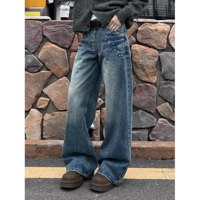 American-Style Retro Rivet Lightning Pattern Jeans Men's and Women's Autumn and Winter Fashionable Washed Distressed Casual Pants Ruan Handsome