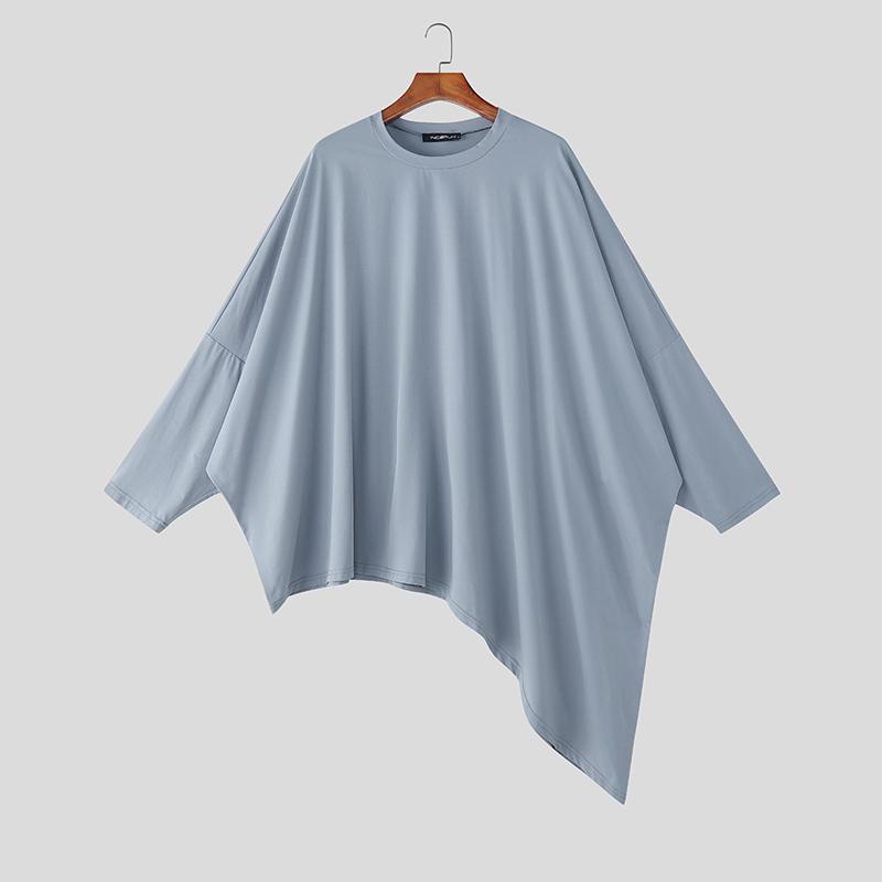 

INCERUN Мужские футболки оверсайз с круглым вырезом, длинным рукавом «летучая мышь», нерегулярными оборками L синий