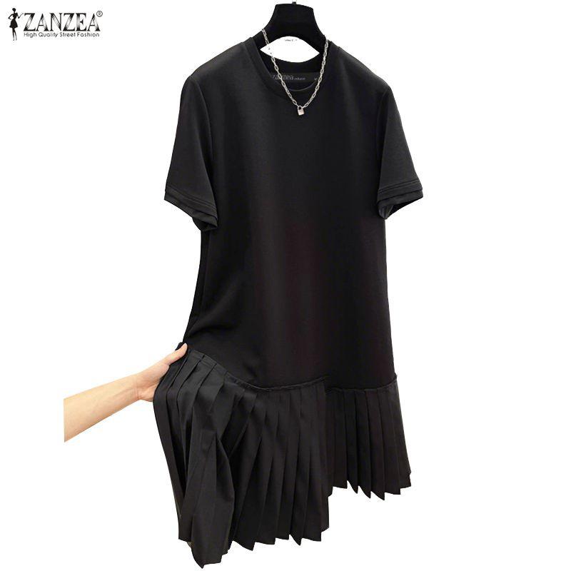 ZANZEA Women Casual Round Neck Summer Short Sleeve Patchwork Dress