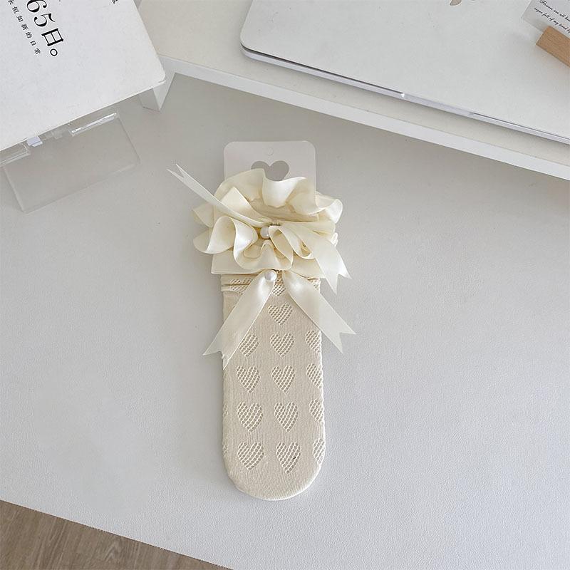 

Кружевные носки для женщин, летние тонкие гольфы до бедра в стиле Лолита, вырез в форме сердца с бантом, жемчуг, милые голени 1 pair бежевый