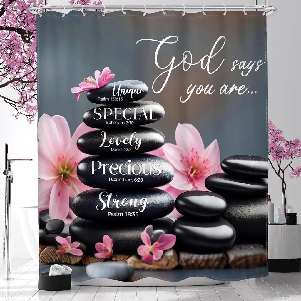 Tenda da Doccia Zen Pietra 60L x 72A Versetto Biblico Foglie Verdi Spa Botanico Goccia di Pioggia Rilassante Tenda da Bagno Citazioni Cristiane