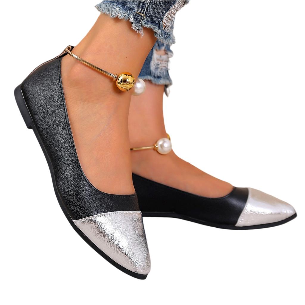Women's Summer Pointed Toe Low Cut Flats Slip On Shoes with Color Block Design and Metallic Toe Cap for Casual Wear