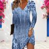 Women Plus Size V Neck Long Sleeve Blue Printed A Line Dress