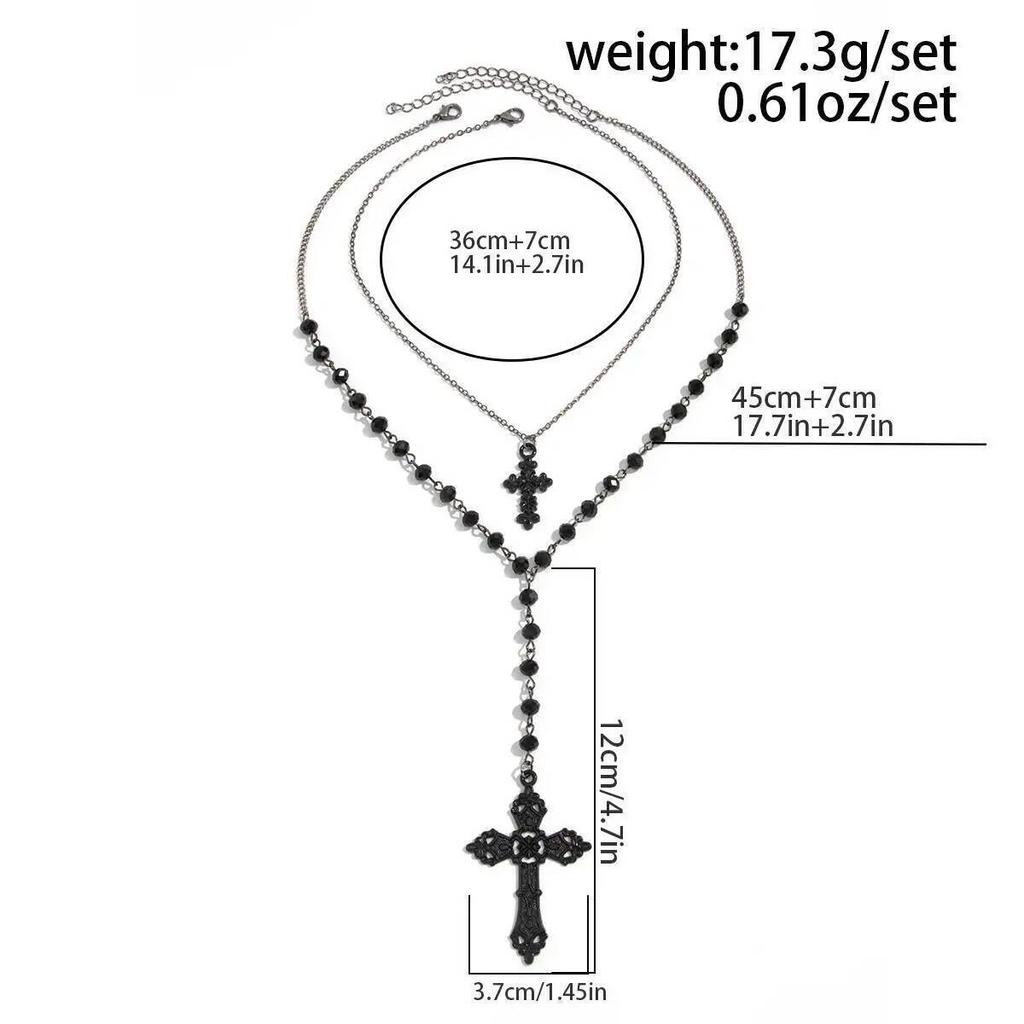 IngeSight.Z Goth Punk Y2K Doublelayer Metal Cross Pendant Necklace Women Vintage Black Crystal Beaded Choker Charm Jewelry Gift