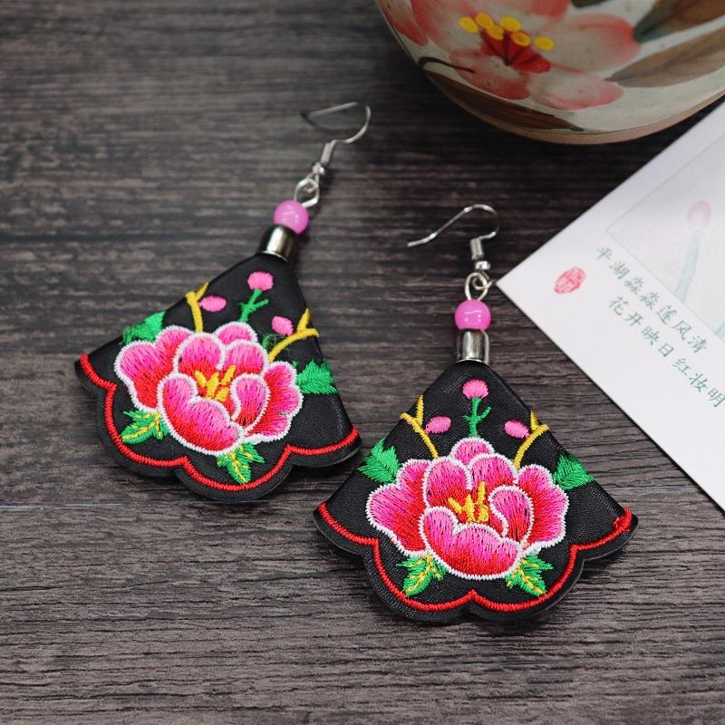 Retro hand-embroidered fabric earrings female long flower fringed versatile temperament performance earrings earrings