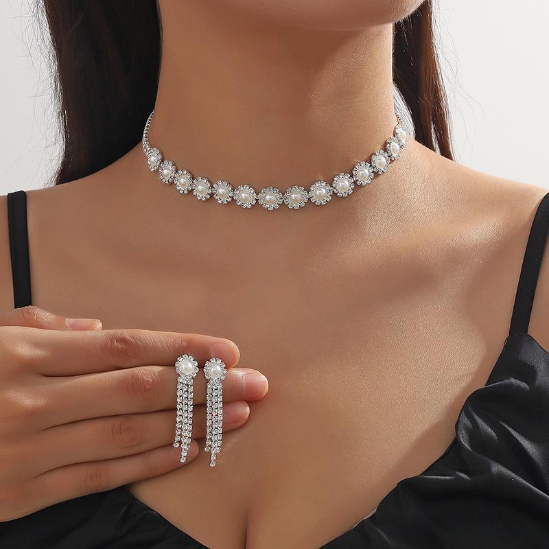 Pearl  Flower Necklace Earring Set Simple Everything Choker Clavicle Chain Earring Set