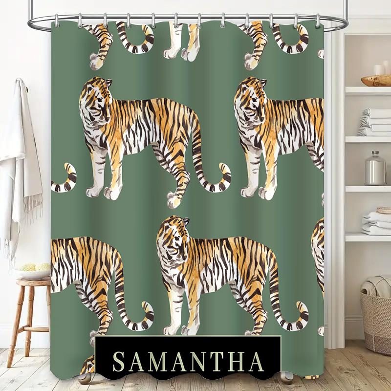 Stylish Tiger Print Shower Curtain for Bathroom Decor Personalized Custom Name Adding Green Background Pattern Home Decoration.