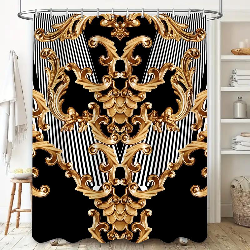 Luxurious Golden Baroque Shower Curtain for Bathrooms Waterproof Fabric with Striped Pattern Decoration Black White Design (Size