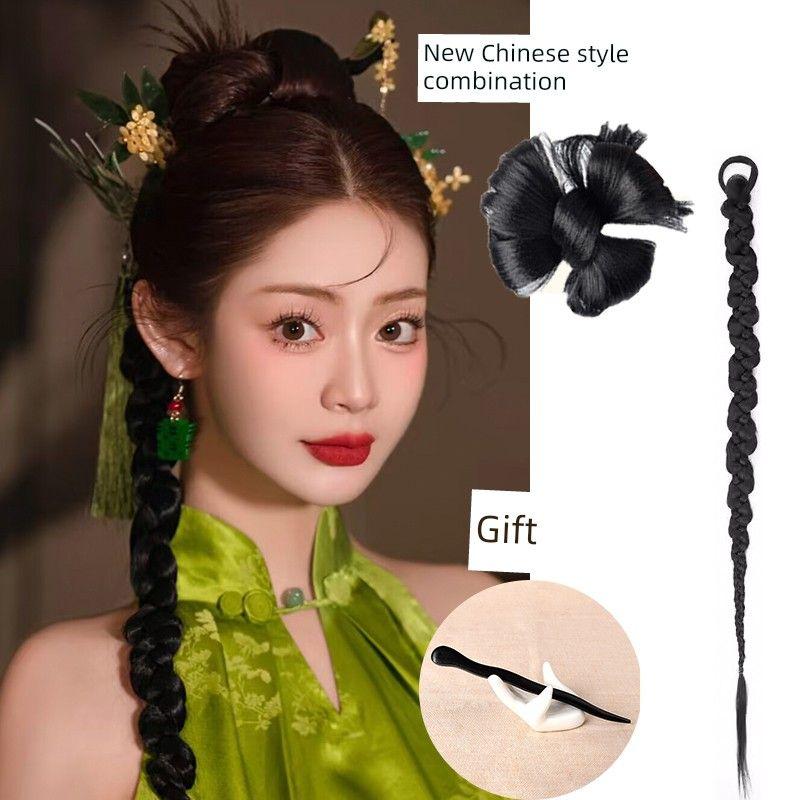 Ponytail Wig New Chinese Style Braid Female Cable Stitch Boxing Long Braid Twisted Gold Thread Braid Bridal Hair Accessories Studio Photography