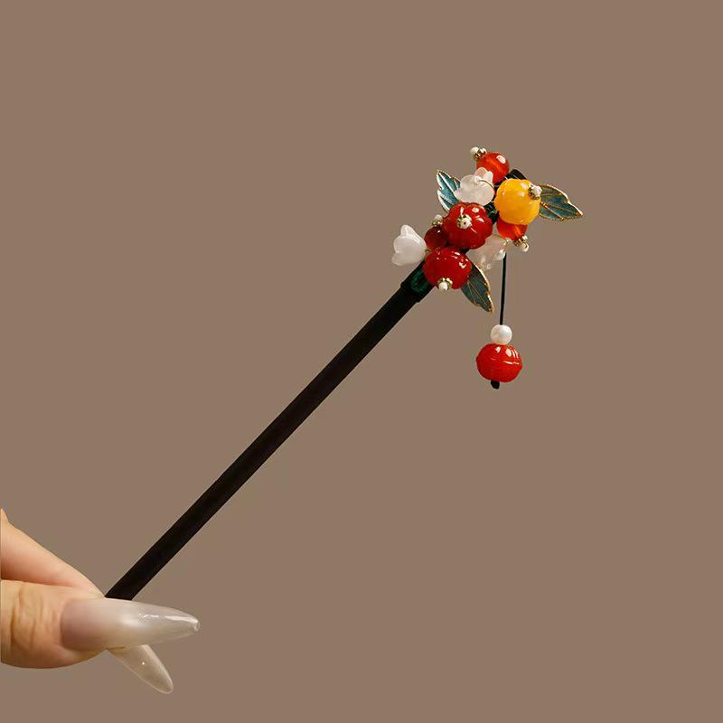 Elegant Red Rose Tassel Hairpin - U-shaped Hair Accessory for Women, Perfect for Updos and Traditional Attire.