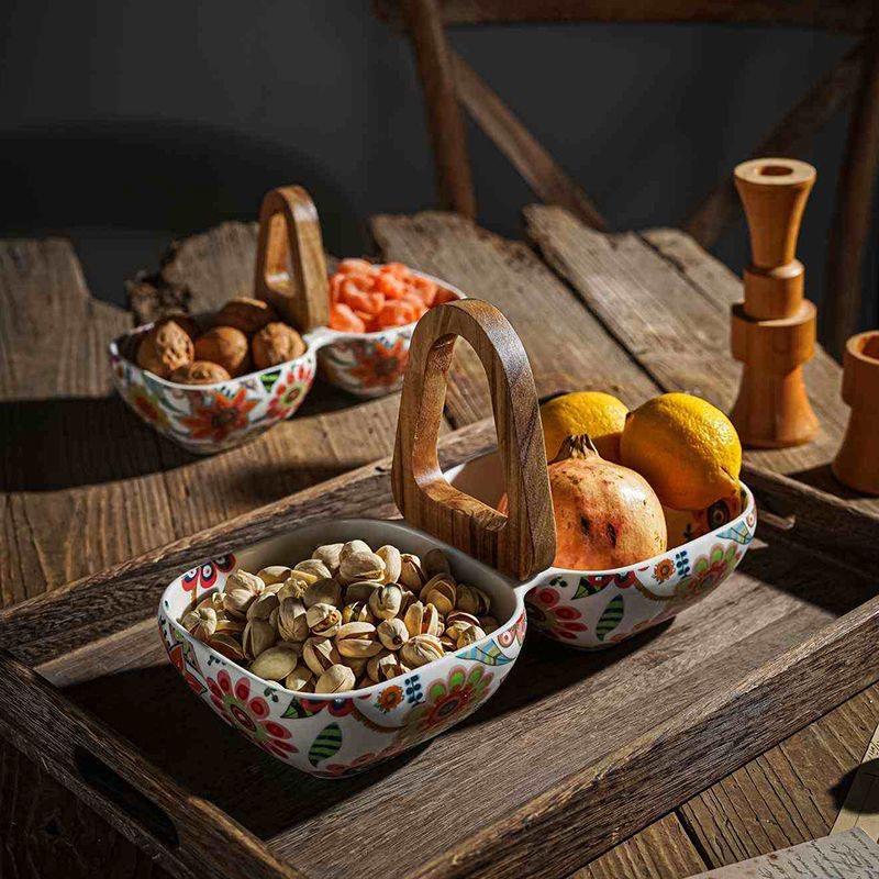 Creative Double Ceramic Fruit Bowl with Handle – Floral Design Snack Serving Tray