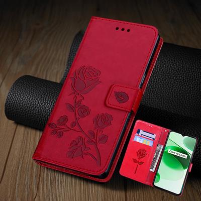 Étui à rabat en cuir de fleur de rose de texture pour Samsung Galaxy A04S A54 A53 S21 S22 S23 Ultra Plus Xiaomi Redmi Note 11 iPhone 14 13 12 Pro Max Wallet Cover
