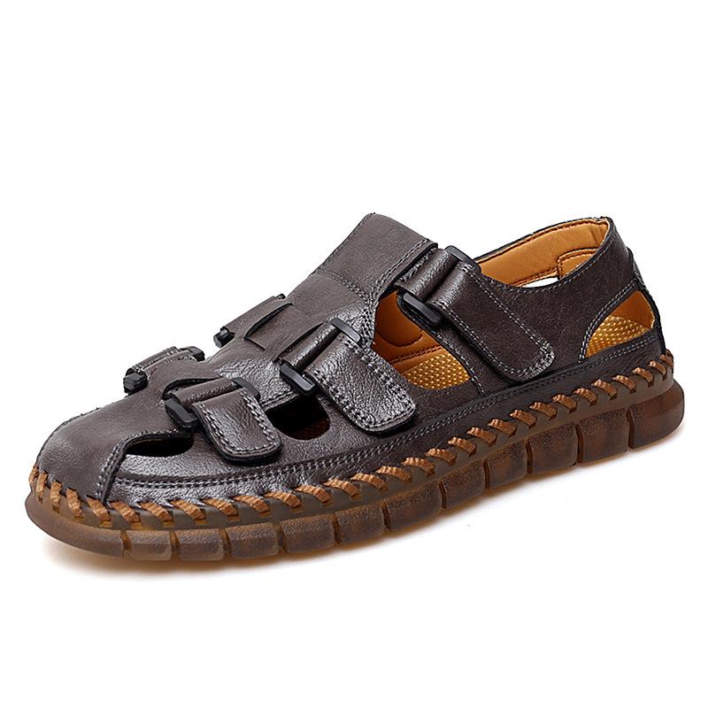 Men's Large Closed-Toe Handmade Leather Sandals, Breathable & Perforated for Beach