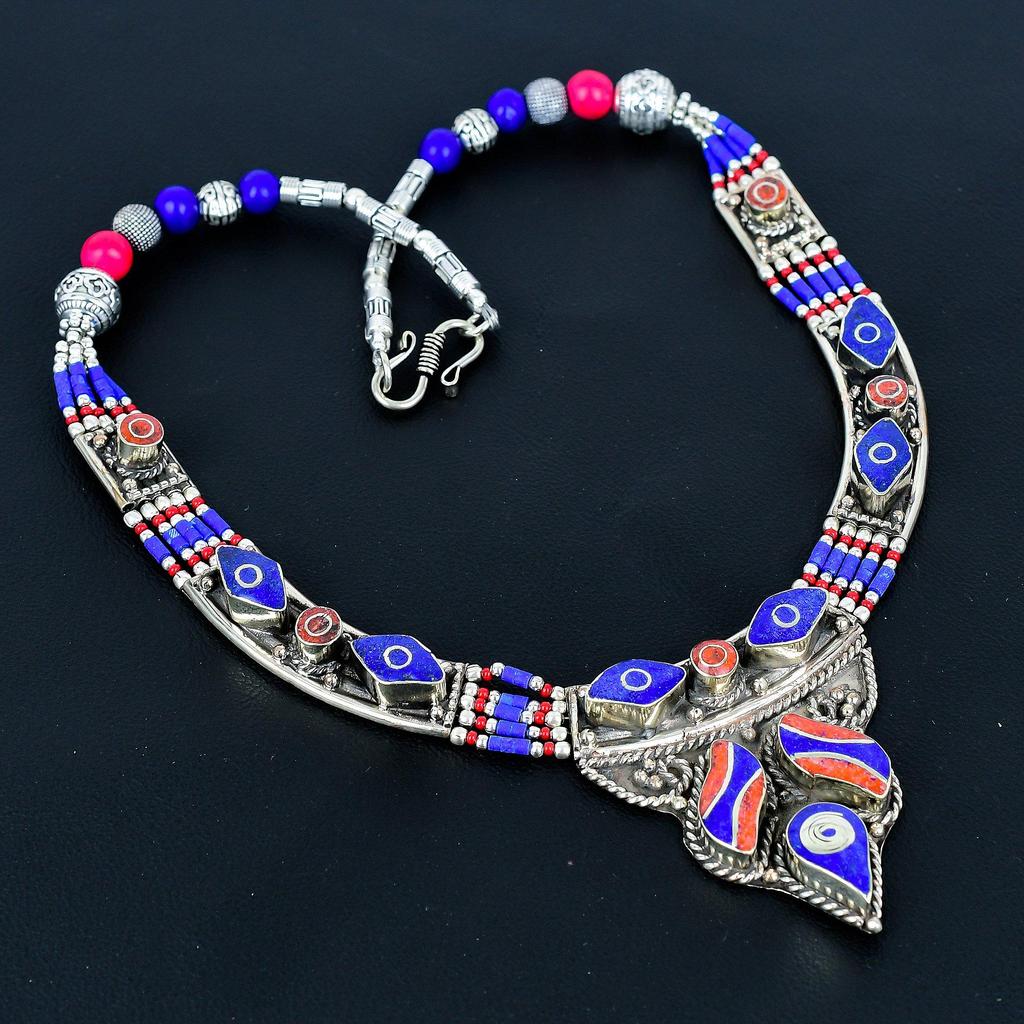 Lapis Lazuli, Coral 925 Sterling Silver Necklace Tibetan Silver Necklace Bohemian Antique Necklace Handmade Jewelry Nepali Necklace Gift For Wife