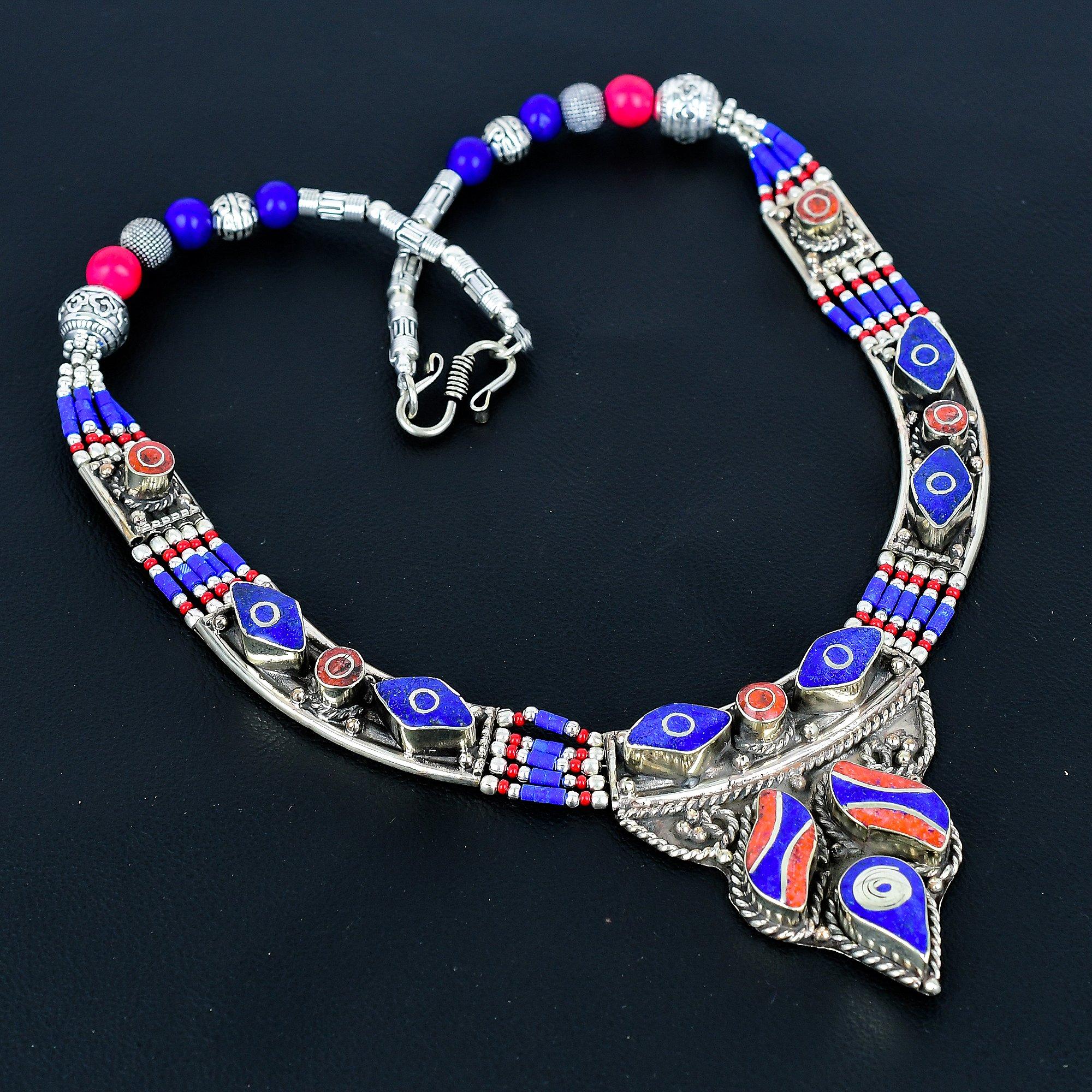 

Lapis lazuli, Coral 925 Sterling Silver Necklace Tibetan Silver Necklace Bohemian Antique Necklace Handmade Jewelry Nepali Necklace Gift For Wife 20 синий