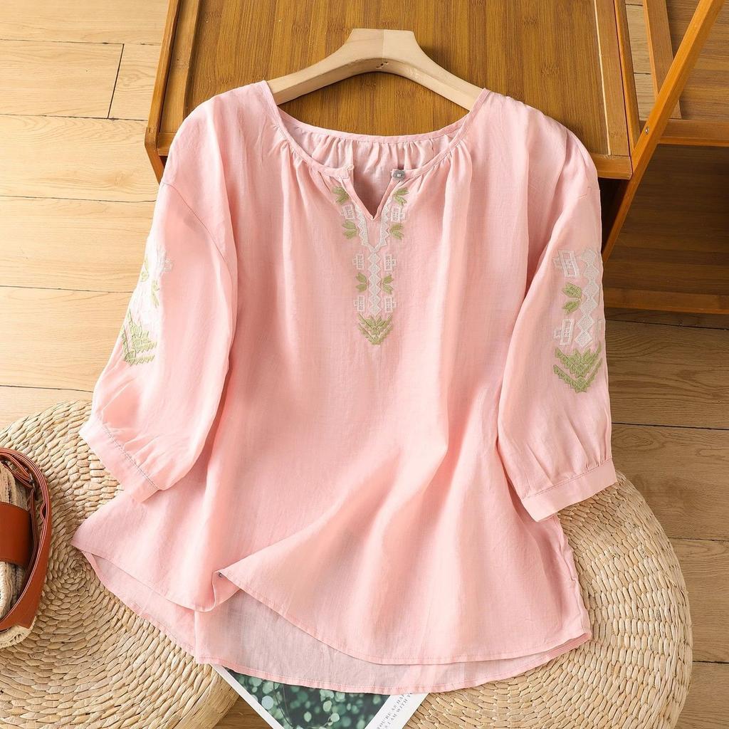 Elegant Cotton Linen Embroidered Shirt Women Summer Heavy Work Thin V-Neck Lantern Sleeve Breathable Casual Versatile Top